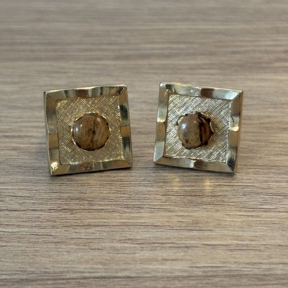 Vintage Gold Tone Cufflinks Brown Marble Stone Mid Century Retro Menswear